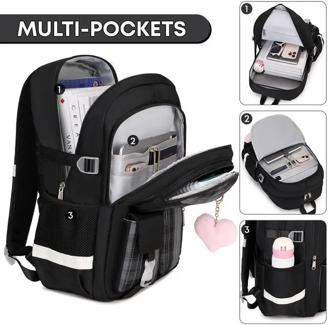 Alt view image 4 of 5 - qodbopack 3PCS Backpack For School Women College Middle High Teen Girls Student Bookbag Waterproof Laptop Bag Plaid Black