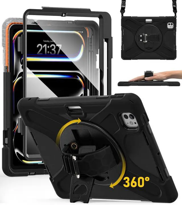 Main image of BRAECN Case for iPad Pro 11 inch (M4) 2024 5th Gen, 4 Layers Heavy Duty Full-Body Protection Screen Protector Pencil Holder, 360° Rotating Handle Kickstand, Shoulder Strap Kids Friendly