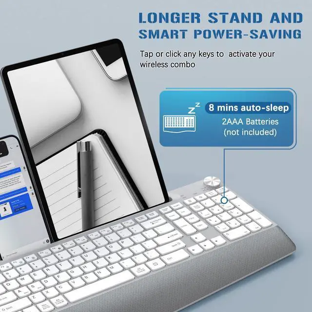 Alt view image 4 of 5 - GAMCATZ Ergonomic Wireless Keyboard with Wrist Rest-Low-Profile,Phone/Tablet Holder,Quiet DesignWindows & Mac OSFull Size Cordless USB Computer Keyboard for Desktop,Laptop, PC, Mac, Windows-White