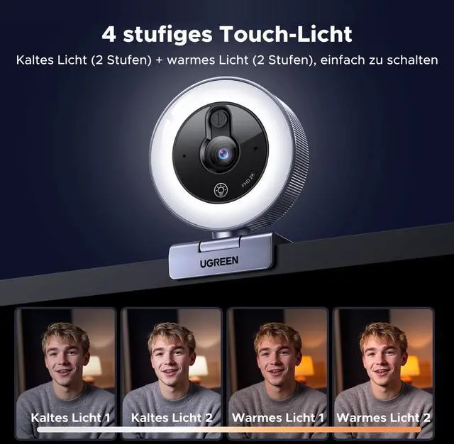Alt view image 2 of 5 - UGREEN 2K Webcam with 4-Level Ring Light, Full HD Webcam for PC with Microphone, Privacy Cover, USB Web Camera Compatible with Switch 2, Streaming, Conference, Zoom, Teams, Computer/Laptop/MacBook