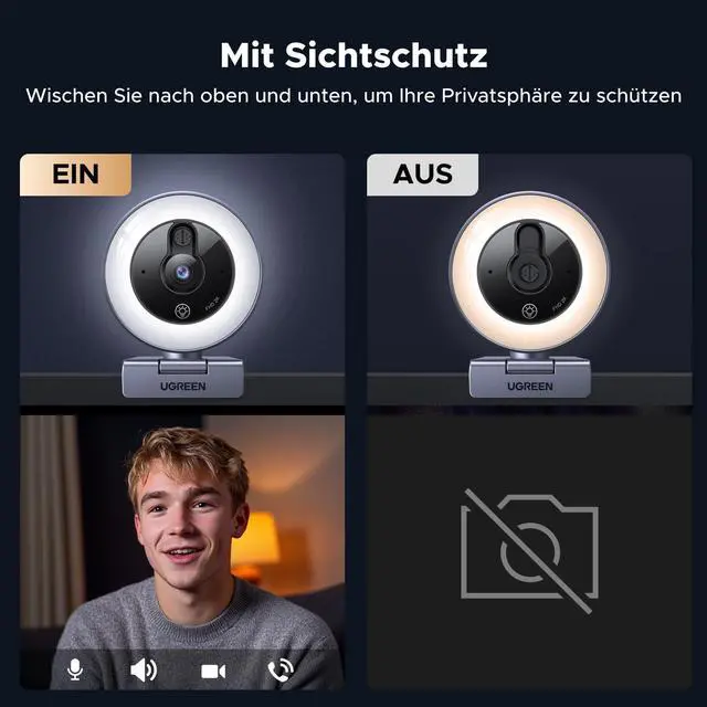 Alt view image 4 of 5 - UGREEN 2K Webcam with 4-Level Ring Light, Full HD Webcam for PC with Microphone, Privacy Cover, USB Web Camera Compatible with Switch 2, Streaming, Conference, Zoom, Teams, Computer/Laptop/MacBook