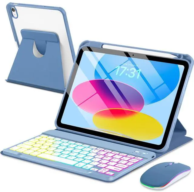 Main image of EAMPANG Case with Keyboard Mouse for iPad A16 11th 10th Generation 11/10.9 inch,Rainbow Backlit Detachable Keypad Rotatable Magnetic Cover with Pencil Holder for iPad 11 2025 10 Gen 2022 Blue
