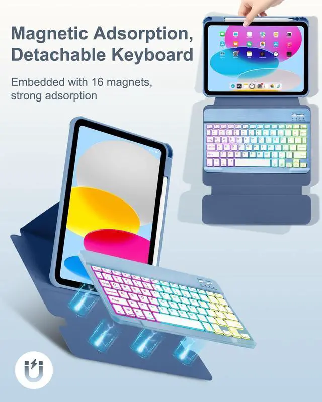 Alt view image 5 of 5 - EAMPANG Case with Keyboard Mouse for iPad A16 11th 10th Generation 11/10.9 inch,Rainbow Backlit Detachable Keypad Rotatable Magnetic Cover with Pencil Holder for iPad 11 2025 10 Gen 2022 Blue
