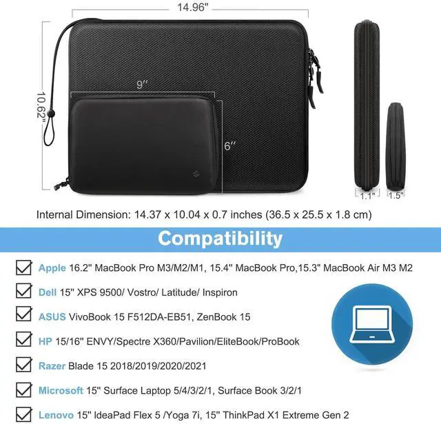 Alt view image 2 of 5 - FINPAC Hard Laptop Sleeve with Accessory Pouch Compatible with 15.3 inch MacBook Air M4 M3 M2 2025 2024, 16.2 inch MacBook Pro M4/M3/M2/M1 Pro/Max, Waterproof Case for Surface Laptop/Book, Black