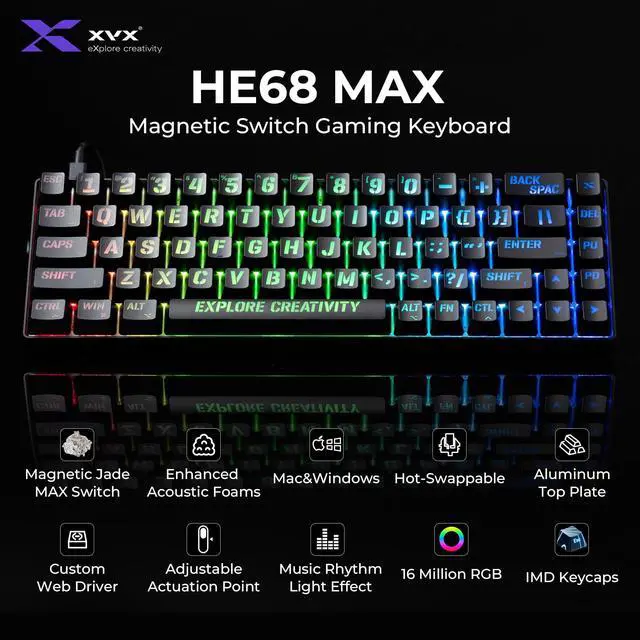 Alt view image 2 of 5 - XVX HE68 Max Rapid Trigger Keyboard 60% Percent,Hall Effect Keyboard with Gateron Magnetic Jade Max Switch,CNC Aluminum Frame Custom Mechanical Key Board for PC/Laptop/Xbox/PS4/PS5,Miami Theme, Black