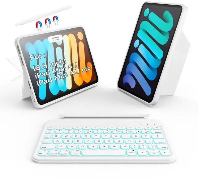 Main image of accrosoo for iPad mini 6/7 (A17 Pro) 8.3" Detachable Magnetic Keyboard Case Full Protection, Scratch-Resistant Leather, 156° Stand, 7 Backlits & Rechargeable Pencil Holder & 11 Shortcuts (White)