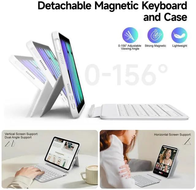 Alt view image 3 of 5 - accrosoo for iPad mini 6/7 (A17 Pro) 8.3" Detachable Magnetic Keyboard Case Full Protection, Scratch-Resistant Leather, 156° Stand, 7 Backlits & Rechargeable Pencil Holder & 11 Shortcuts (White)