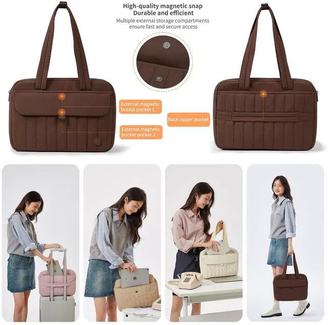 Alt view image 5 of 5 - AJI Laptop Tote Bag for Women, Water-Resistant 15.6Inch Laptop Tote Bag with Zipper&Multi Pockets,Lightweight Casual Shoulder Bag with Luggage Trolley Strap for Work/Travel/College/Daily,Caramel Brown