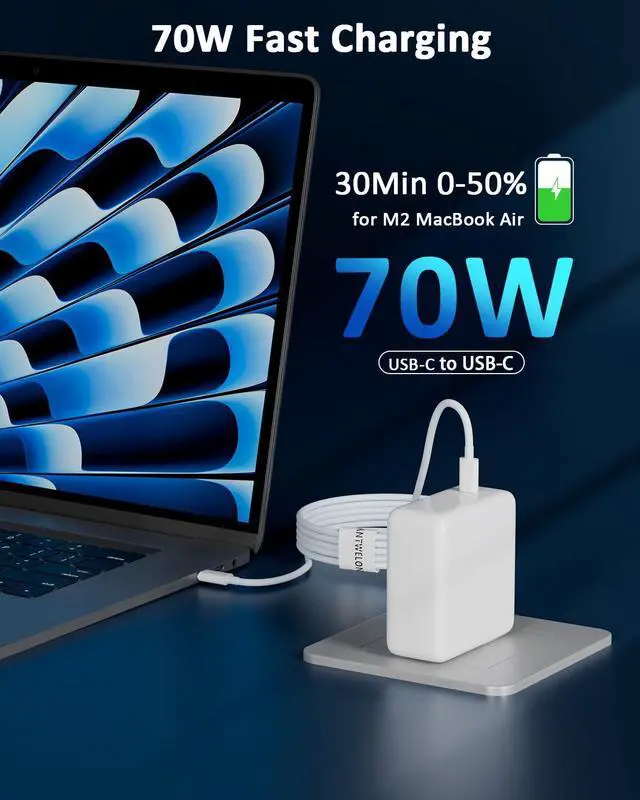 Alt view image 2 of 5 - 70W USB C Charger for MacBook Air MacBook Pro 13 14 15 16 inch 2024 2023 2022 2021 2020, M1 M2 M3 Laptop GAN PD 3.0 Fast USB C Power Adapter, 6.6 ft Cable