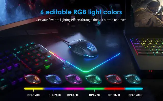 Alt view image 3 of 5 - Varbmt C303 Ultimate Gaming Mouse - 12800 DPI, 6 RGB Zones, 8 Macro Keys, 5.5FT Anti-Tangle Cord