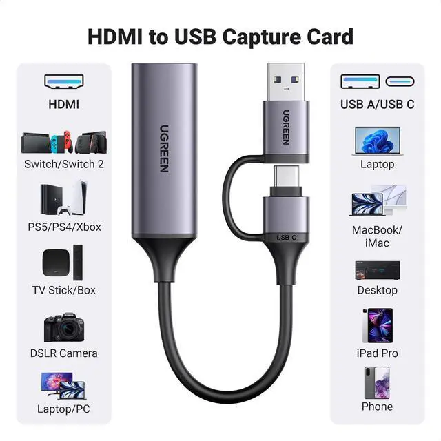 Alt view image 3 of 5 - UGREEN Full HD 1080P 60FPS Capture Card HDMI to USB A/Type C 4K Video Capture Card for Streaming, Recording, Gaming, Compatible with Switch 2, PS4, PS5, Xbox, Work with PC/Windows/Mac OS