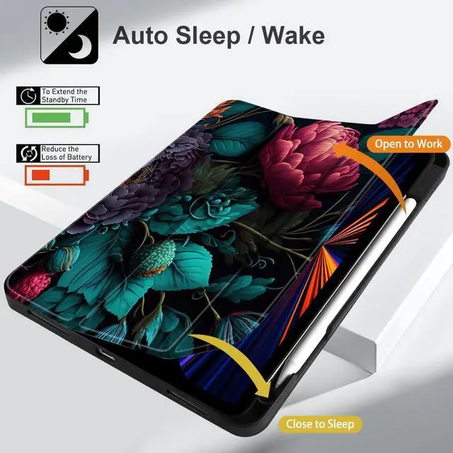 Alt view image 5 of 5 - Yebiseven for M2/M1 iPad Pro 12.9 inch Case 6th/5th/4th/3rd Gen 2022 2021 2020 2018, Shockproof Tablet Case with Pencil Holder & Trifold Stand & Soft TPU Back Cover, Vibrant Flower