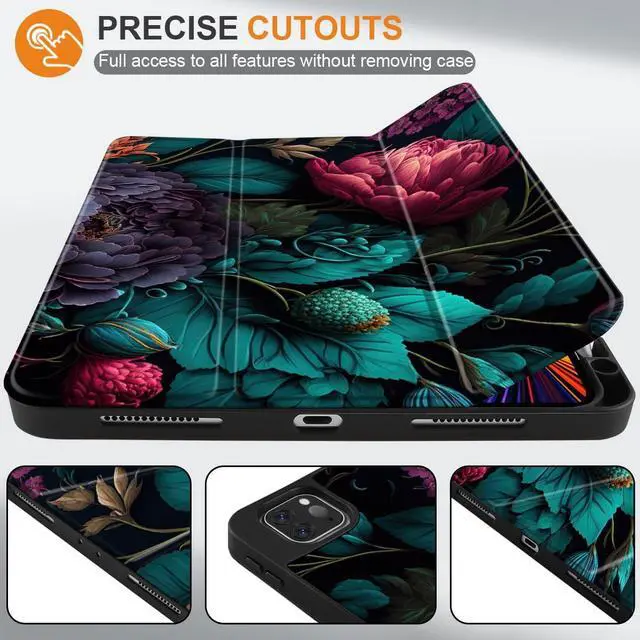 Alt view image 3 of 5 - Yebiseven for M2/M1 iPad Pro 12.9 inch Case 6th/5th/4th/3rd Gen 2022 2021 2020 2018, Shockproof Tablet Case with Pencil Holder & Trifold Stand & Soft TPU Back Cover, Vibrant Flower