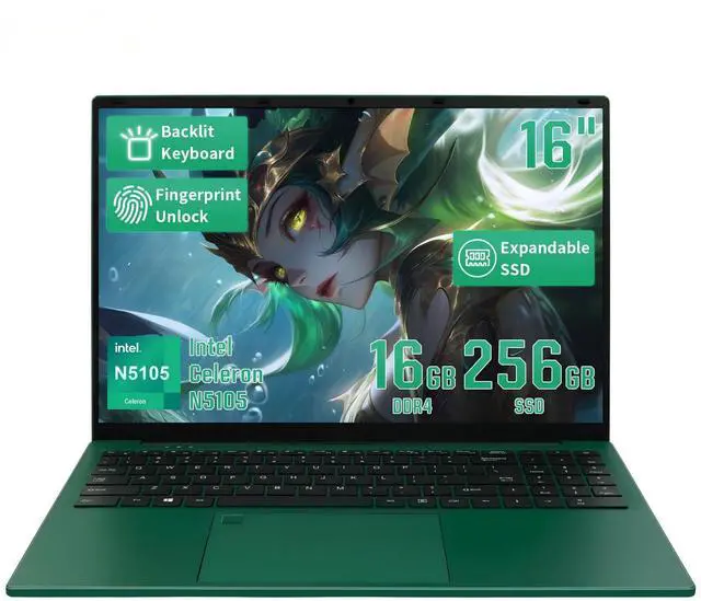 Main image of BINTEC 16 Inch Green Laptop,1920 * 1200 IPS,16GB DDR4 Windows11 Notebook PC, Celeron N5105(up to 2.9 GHz),Lightweight Notebook with Backlit Keyboard and Fingerprint Unlock (Green, 16G+256GB SSD)