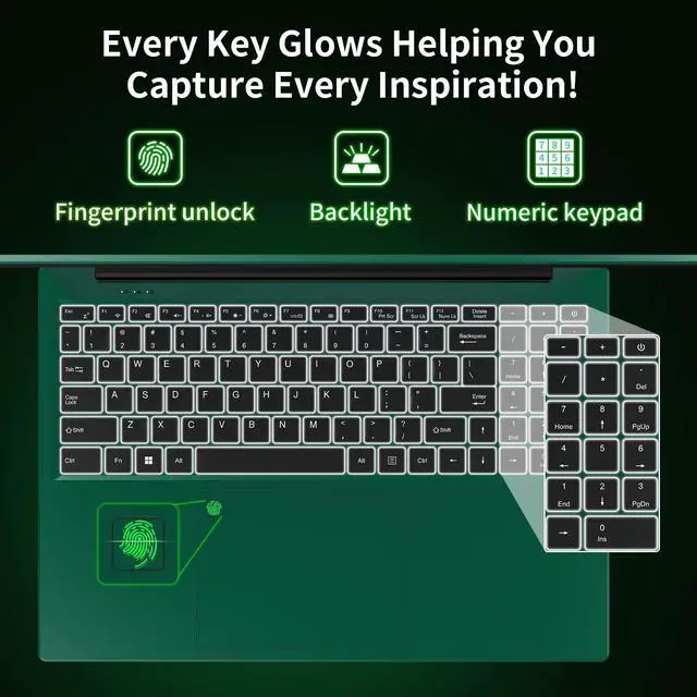 Alt view image 4 of 5 - BINTEC 16 Inch Green Laptop,1920 * 1200 IPS,16GB DDR4 Windows11 Notebook PC, Celeron N5105(up to 2.9 GHz),Lightweight Notebook with Backlit Keyboard and Fingerprint Unlock (Green, 16G+256GB SSD)