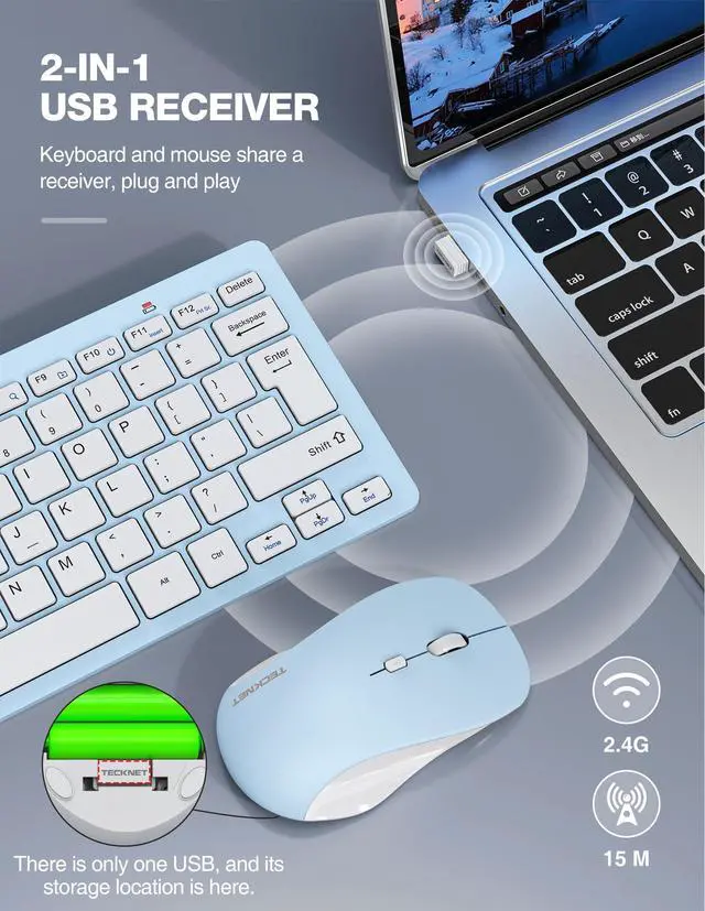 Alt view image 2 of 5 - TECKNET Wireless Keyboard and Mouse Combo, Mini Cordless Computer Keyboard and Mouse Set 2.4GHz, Silent Adjustable 1600 DPI, Quiet Click, Lag-Free for Computer, Laptop, PC, Windows, Mac, Chrome OS