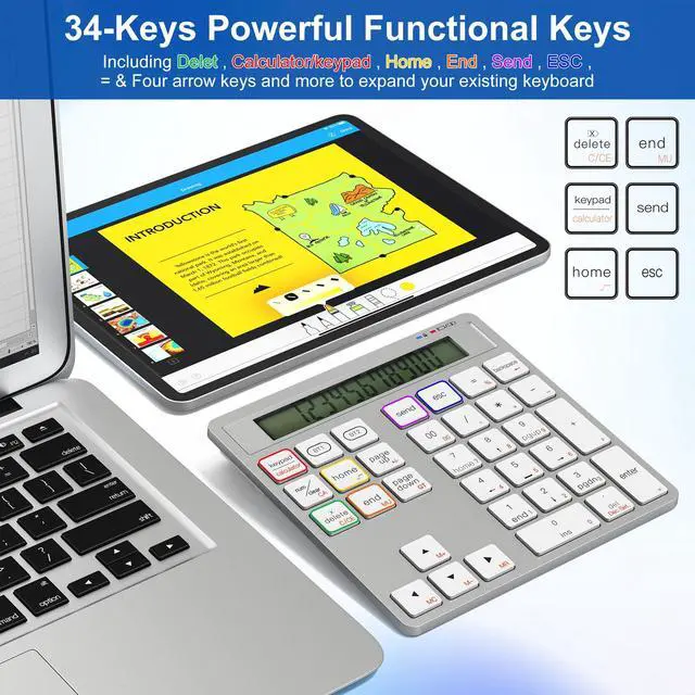 Alt view image 3 of 5 - Rytaki Pro 2-in-1 Wireless Number Pad & Calculator, Bluetooth 5.0 Numeric Keypad with USB-C Charging, 34-Key Portable Number Pad for Laptop, MacBook, PC, Windows, iOS & Android Devices