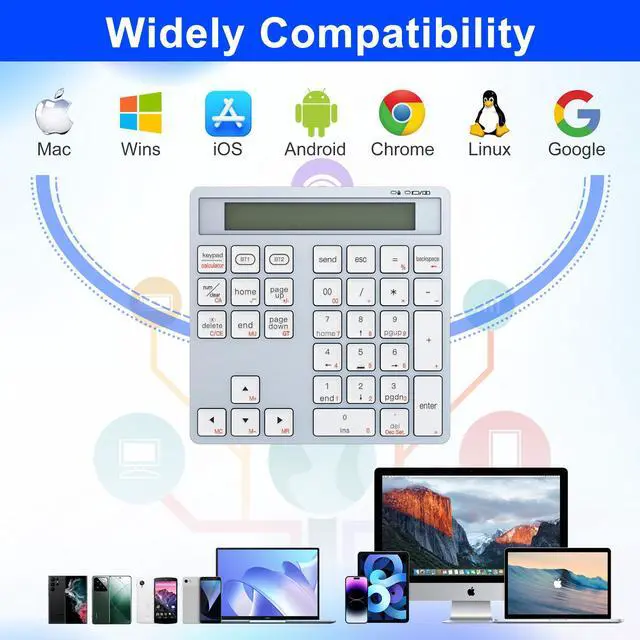 Alt view image 5 of 5 - Rytaki Pro 2-in-1 Wireless Number Pad & Calculator, Bluetooth 5.0 Numeric Keypad with USB-C Charging, 34-Key Portable Number Pad for Laptop, MacBook, PC, Windows, iOS & Android Devices