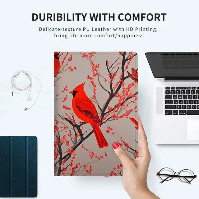 Alt view image 3 of 5 - Case for All-New Kindle Fire HD 10 & 10 Plus Tablet (11th Generation, 2021 Release) 10.1" Slim Lightweight PU Leather Shock-Proof Smart Stand Cover Case with Auto Wake/Sleep,Red Cardinal Birds