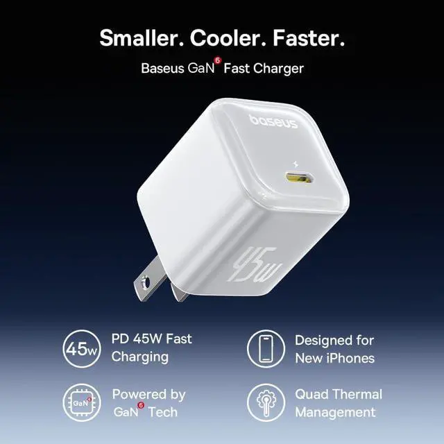 Alt view image 4 of 5 - Baseus 45W USB C Charger Block, 2 Pack PPS Fast Charger Type C with USB-C Cable for iPhone 16/15 Series, iPad, Galaxy S24 Ultra and More Series