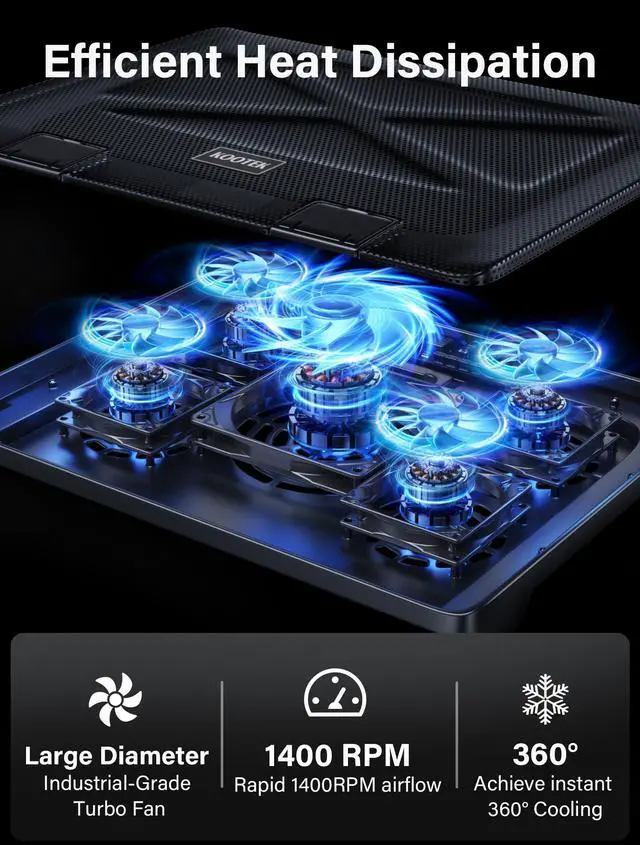 Alt view image 2 of 5 - Kootek Laptop Cooling Pad, Laptop Cooler with 5 Quiet Fans for 12"-17" Computer PC Notebook Gaming Laptop Fan, Height Adjustable Laptop Cooling Stand Laptop Accessories, Blue