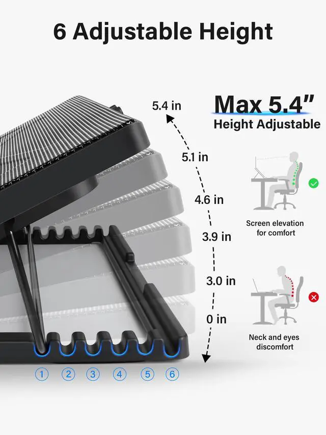 Alt view image 3 of 5 - Kootek Laptop Cooling Pad, Laptop Cooler with 5 Quiet Fans for 12"-17" Computer PC Notebook Gaming Laptop Fan, Height Adjustable Laptop Cooling Stand Laptop Accessories, Blue