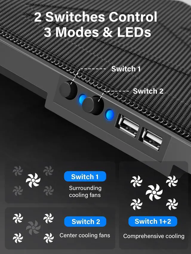 Alt view image 4 of 5 - Kootek Laptop Cooling Pad, Laptop Cooler with 5 Quiet Fans for 12"-17" Computer PC Notebook Gaming Laptop Fan, Height Adjustable Laptop Cooling Stand Laptop Accessories, Blue