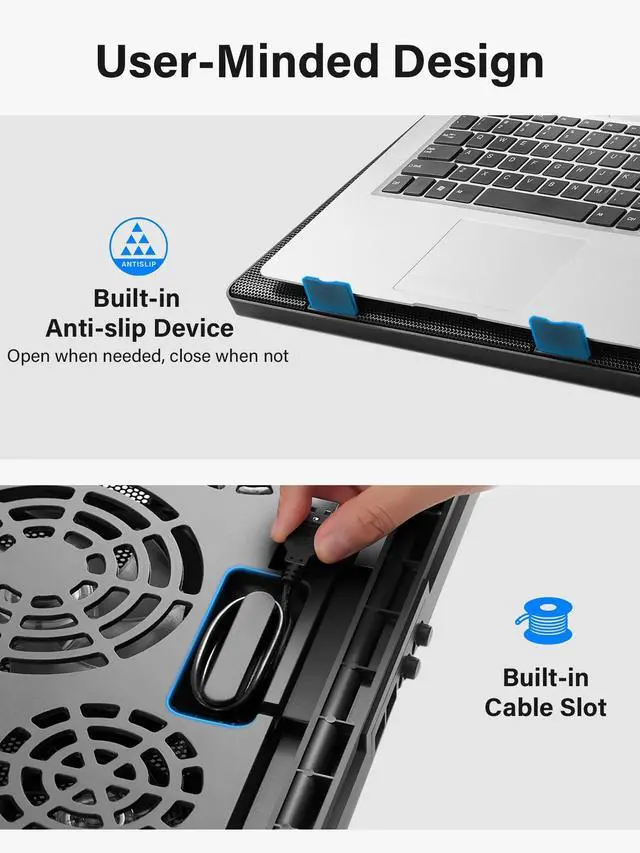 Alt view image 5 of 5 - Kootek Laptop Cooling Pad, Laptop Cooler with 5 Quiet Fans for 12"-17" Computer PC Notebook Gaming Laptop Fan, Height Adjustable Laptop Cooling Stand Laptop Accessories, Blue