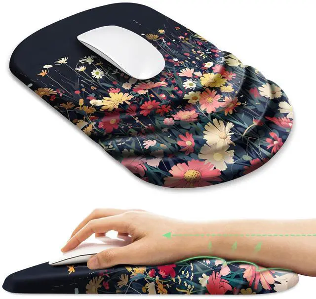 Main image of Ergonomic Mouse Pad with Wrist Rest Support,Non-Slip PU Base,Massage for Carpal Tunnel Pain Relief,Memory Foam Mousepad for Home,Office,WorkBlack Flower