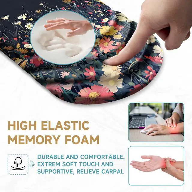 Alt view image 2 of 5 - Ergonomic Mouse Pad with Wrist Rest Support,Non-Slip PU Base,Massage for Carpal Tunnel Pain Relief,Memory Foam Mousepad for Home,Office,WorkBlack Flower