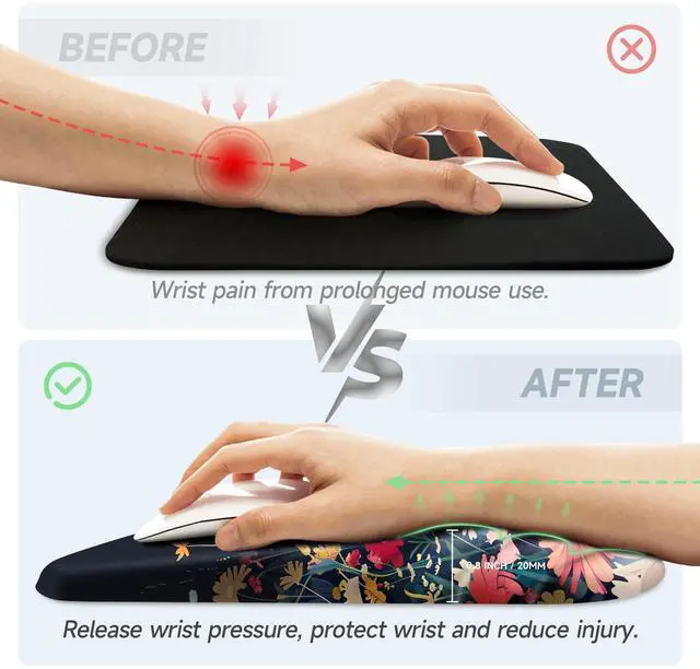 Alt view image 3 of 5 - Ergonomic Mouse Pad with Wrist Rest Support,Non-Slip PU Base,Massage for Carpal Tunnel Pain Relief,Memory Foam Mousepad for Home,Office,WorkBlack Flower