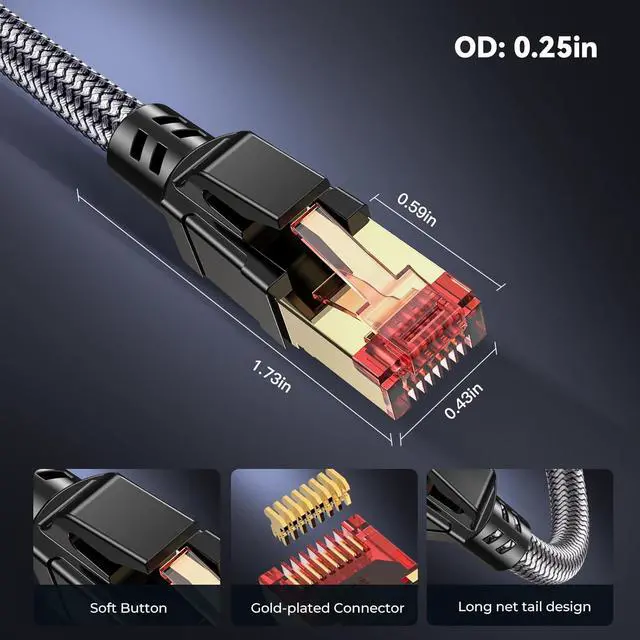 Alt view image 5 of 5 - Ltemziiy Cat 8 Ethernet Cable 25 ft, 40Gbps 2000Mhz High Speed Gigabit LAN Internet Cables,RJ45 Patch Cord Braided Round S/FTP Network Cable,for Smart Home,Office,Gaming,Modem, Router