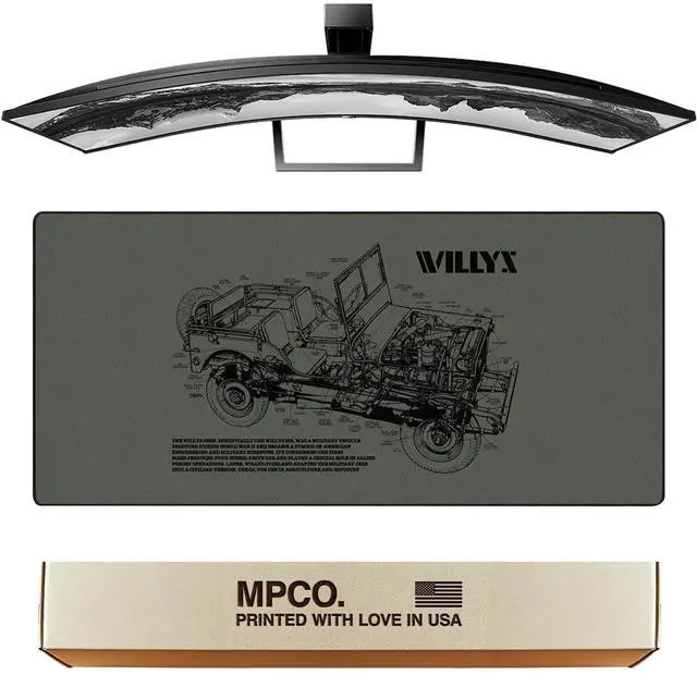 Main image of MPCO. Blueprints Large Gaming Desk Pad - 36" x 17" Duraglyde Fabric Willys Jeep  Green Desk Mats - Non-Slip, Washable, Smooth Glide for Precision Gaming & Work