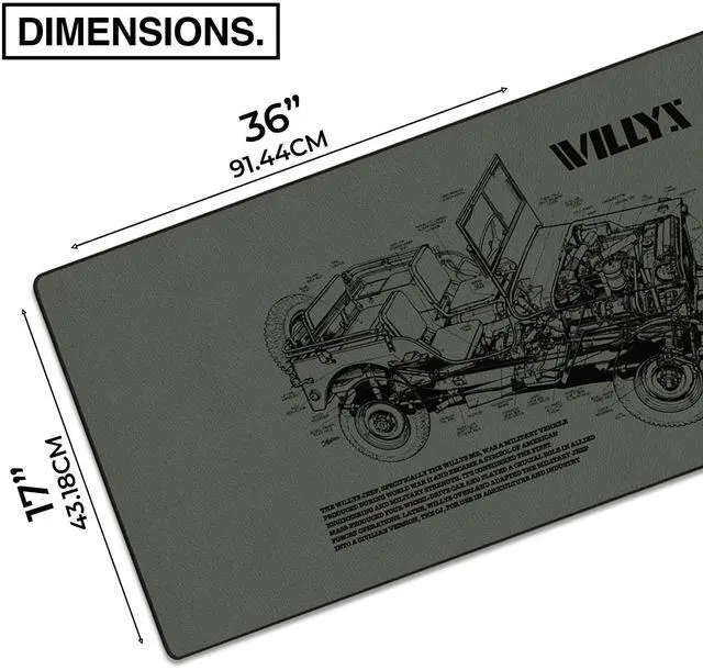 Alt view image 2 of 5 - MPCO. Blueprints Large Gaming Desk Pad - 36" x 17" Duraglyde Fabric Willys Jeep  Green Desk Mats - Non-Slip, Washable, Smooth Glide for Precision Gaming & Work