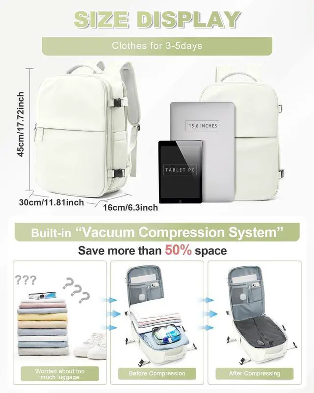 Alt view image 4 of 5 - winspansy Large Travel Backpack Storage Vacuum Compression Seal Bags for Women Men Clothing with Pump Personal Item Work Carry on Business Vacpack College Laptop Backpack white