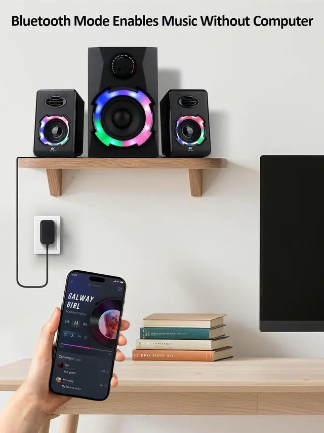 Alt view image 3 of 5 - OROW Computer Speakers,40W PC Speakers with Subwoofer,Gaming Speakers with Bass,AC Powered,Support Bluetooth&SD&USB Play, 2.1 Multimedia Speakers System with RGB Light,Great for TV/Projector/PC/Laptop