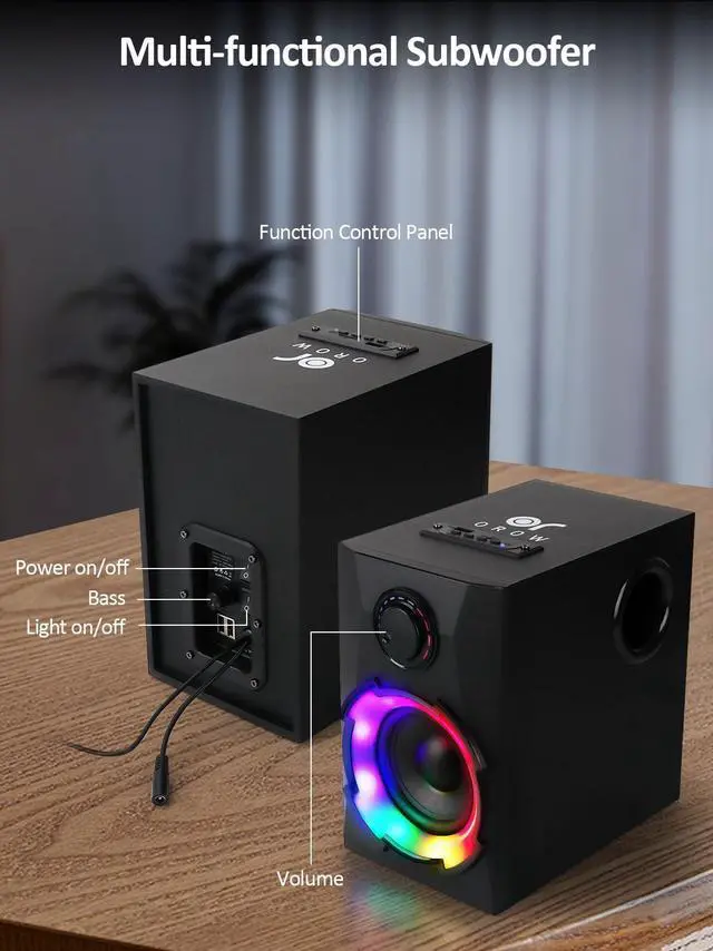 Alt view image 5 of 5 - OROW Computer Speakers,40W PC Speakers with Subwoofer,Gaming Speakers with Bass,AC Powered,Support Bluetooth&SD&USB Play, 2.1 Multimedia Speakers System with RGB Light,Great for TV/Projector/PC/Laptop