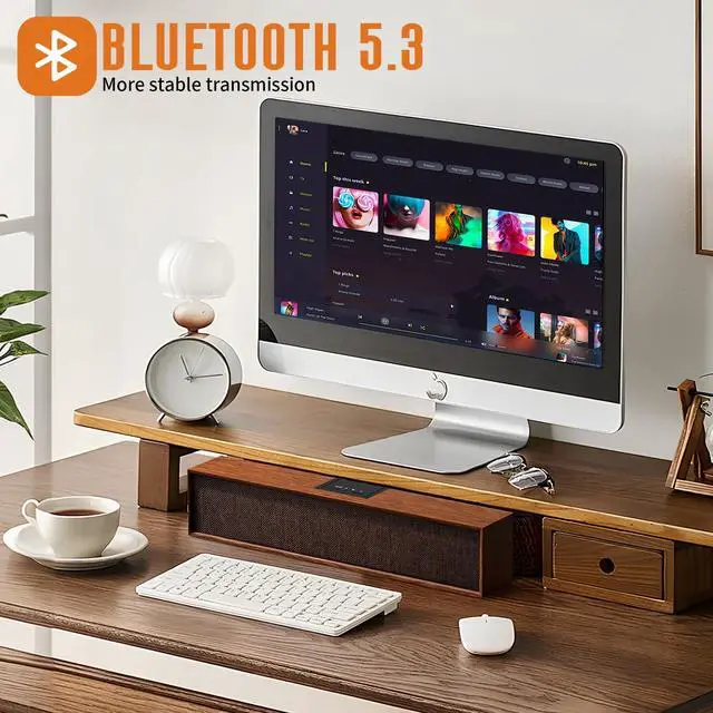 Alt view image 4 of 5 - SWTOIPIG Retro Computer Speakers - Wooden Sound Bar with Bluetooth 5.3 & USB Connectivity | Universal Compatibility for PC, Desktop, Laptop, Monitor, Tablet & Smartphone