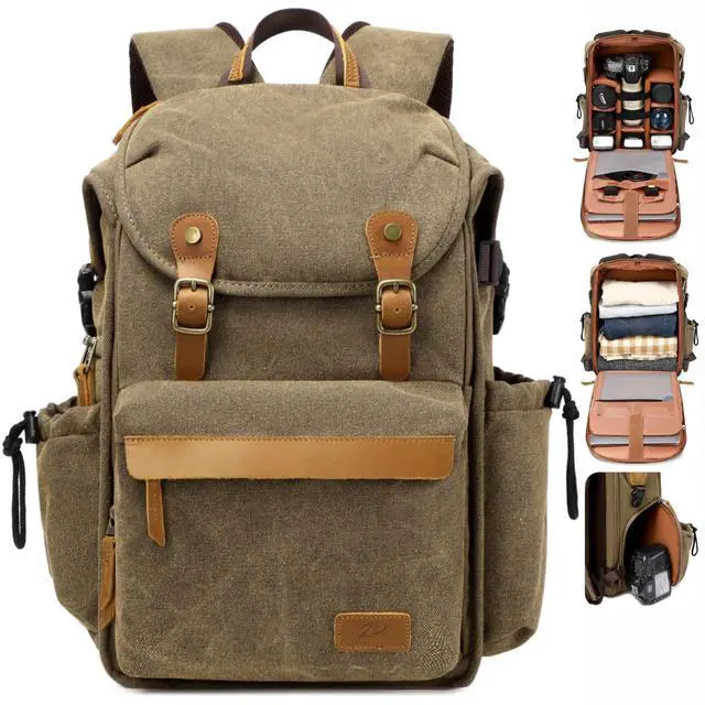 Main image of Padwa Lifestyle Khaki Camera Backpack - Professional DSLR & UAV Camera Bag,Anti Theft Canvas Camera Backpack with Rain Cover,Large Capacity Photography Travel Camera Bag with Multi Compartments