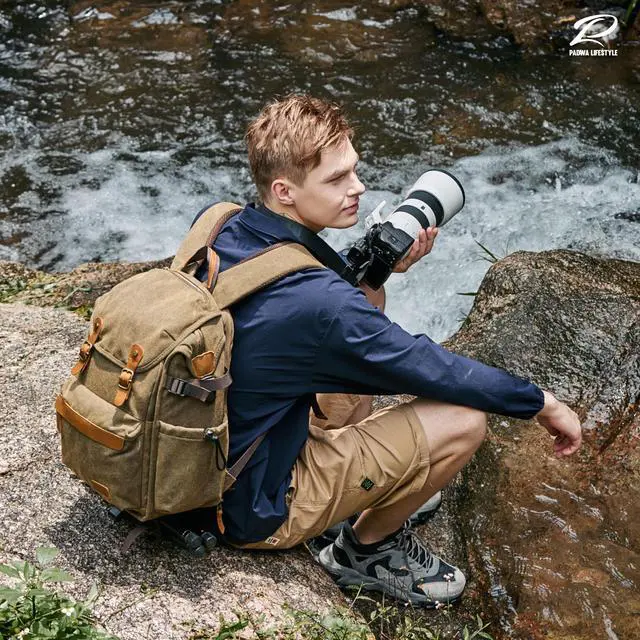 Alt view image 2 of 5 - Padwa Lifestyle Khaki Camera Backpack - Professional DSLR & UAV Camera Bag,Anti Theft Canvas Camera Backpack with Rain Cover,Large Capacity Photography Travel Camera Bag with Multi Compartments