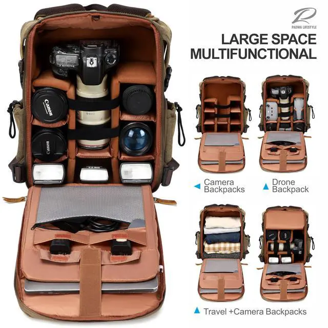 Alt view image 3 of 5 - Padwa Lifestyle Khaki Camera Backpack - Professional DSLR & UAV Camera Bag,Anti Theft Canvas Camera Backpack with Rain Cover,Large Capacity Photography Travel Camera Bag with Multi Compartments