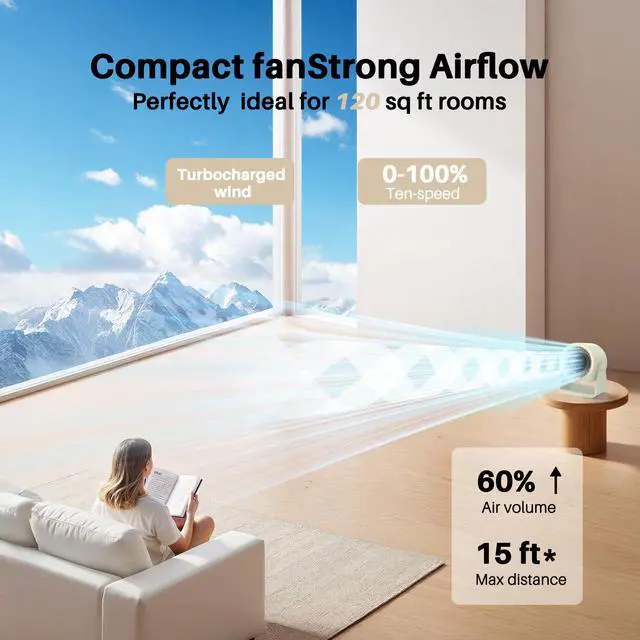 Alt view image 2 of 5 - Ausic Powerful Desk Fan Utra-quiet for Bedroom, 15200mAh Small Turbo Bedside Fans for Cooling and Sleep, Personal Battery Powered USB Fans With LED Light, Digital Display, 105° Tilt (White)