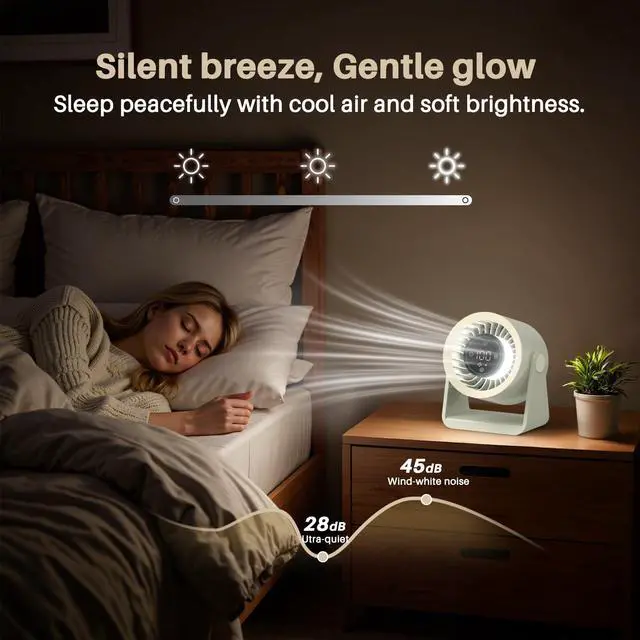Alt view image 5 of 5 - Ausic Powerful Desk Fan Utra-quiet for Bedroom, 15200mAh Small Turbo Bedside Fans for Cooling and Sleep, Personal Battery Powered USB Fans With LED Light, Digital Display, 105° Tilt (White)