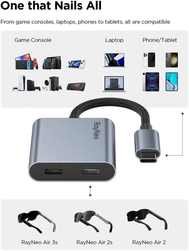 Alt view image 2 of 5 - RayNeo USB-C to Glasses Charging Adapter | Charge & Play | Compatible with Switch (Not Switch 2), ROG Ally, PS4/5, Xbox, Mac mini, Laptops & DP Alt Mode Devices | 100W PD Charging | 4K@60Hz Output