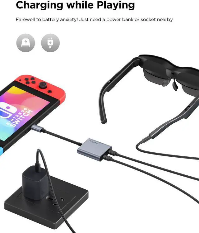 Alt view image 3 of 5 - RayNeo USB-C to Glasses Charging Adapter | Charge & Play | Compatible with Switch (Not Switch 2), ROG Ally, PS4/5, Xbox, Mac mini, Laptops & DP Alt Mode Devices | 100W PD Charging | 4K@60Hz Output