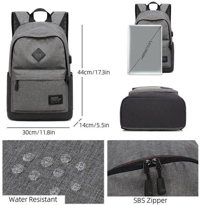 Alt view image 3 of 5 - HUAETING Lightweight Casual Laptop Backpack For Men Women Travel Backpacks with USB Charging Port Fashion Daypack Bookbag (Grey)