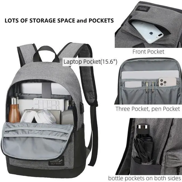 Alt view image 4 of 5 - HUAETING Lightweight Casual Laptop Backpack For Men Women Travel Backpacks with USB Charging Port Fashion Daypack Bookbag (Grey)