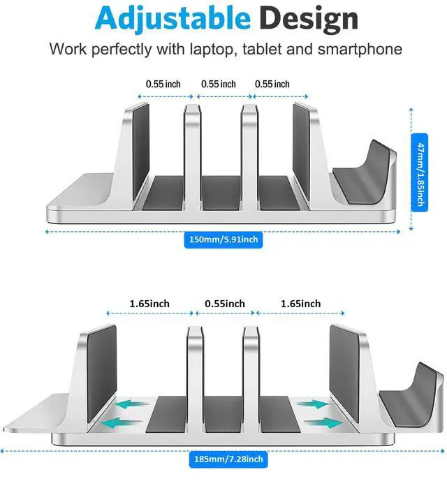 Alt view image 3 of 5 - Vertical Laptop Stand [Updated Version],3-Slot Space-Saving Aluminum Desktop Stand Holder with Adjustable Dock Size Compatible for All MacBook/HP/Dell/Surface/Samsung/Chrome Book(Silver)