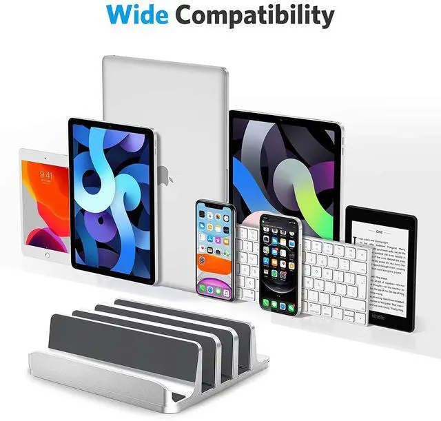 Alt view image 4 of 5 - Vertical Laptop Stand [Updated Version],3-Slot Space-Saving Aluminum Desktop Stand Holder with Adjustable Dock Size Compatible for All MacBook/HP/Dell/Surface/Samsung/Chrome Book(Silver)