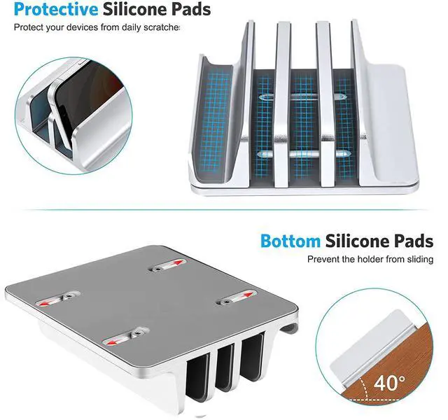 Alt view image 5 of 5 - Vertical Laptop Stand [Updated Version],3-Slot Space-Saving Aluminum Desktop Stand Holder with Adjustable Dock Size Compatible for All MacBook/HP/Dell/Surface/Samsung/Chrome Book(Silver)